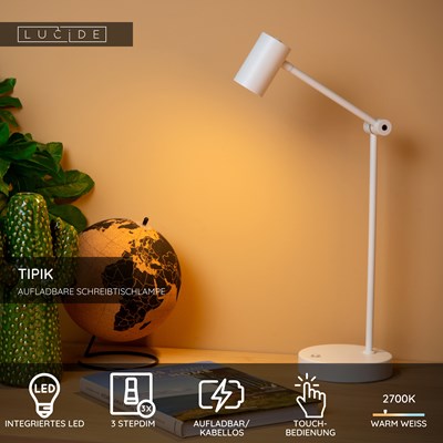 Lucide TIPIK - wiederaufladbare Schreibtischlampe - Akku/Batterie - LED 3 StepDim - 1x3W 2700K - Weiß